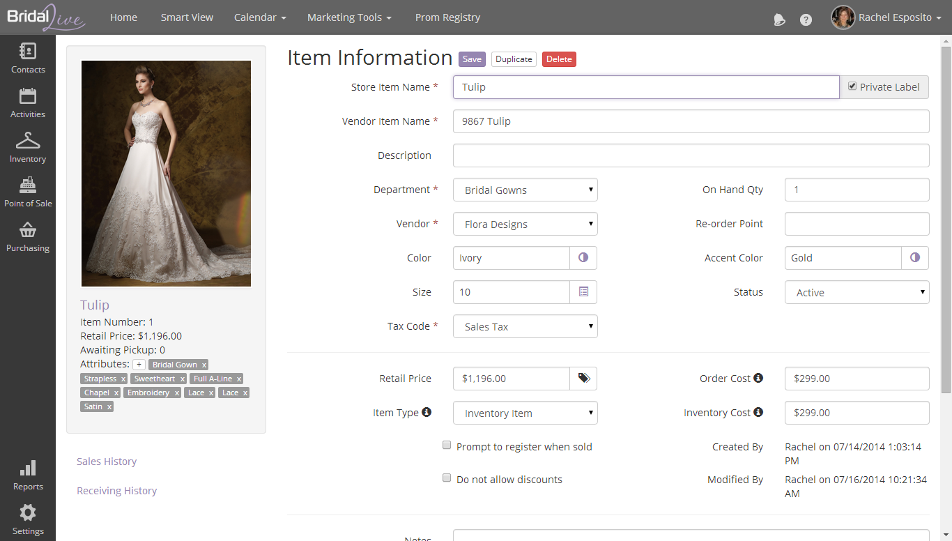 bridal software inventory demo dresses